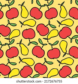 Seamless fruit pattern. Colored apple and pear background. Doodle vector illustration with fruits