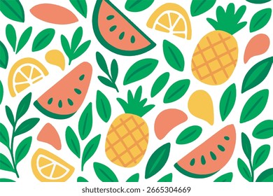 Seamless Fruit Pattern Colorful Banana, Orange, Strawberry, Lemon Design
