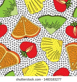 Seamless fruit pattern with colorful design. kiwi, strawberries, orange, pineapple on a white background