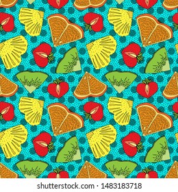 Seamless fruit pattern with colorful design. kiwi, strawberries, orange, pineapple on a blue background