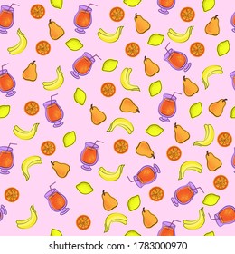 Seamless fruit pattern with colorful design. Fruit smoothie. Lemon, orange, pear, banana. Vector illustration in cartoon style.