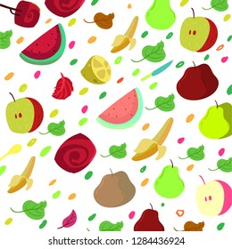 Seamless fruit pattern with Colorful hand drawn tropical fruits seamless pattern on white background.