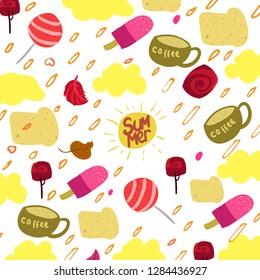 Seamless fruit pattern with Colorful hand drawn tropical fruits seamless pattern on white background.