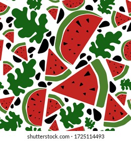 Seamless Fruit Pattern. Colourful Vector Watermelons with leaves. Cut and whole Watermelon in modern style. Isolated bright red and green Fruits on white background