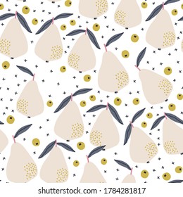 Seamless fruit pattern with creative pears. Abstract summer fruit background. Great for fabric, textile, apparel. Vector illustration