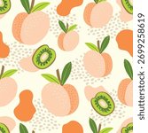 Seamless fruit pattern. Cute illustration-style background with textured peaches and kiwis. Summer repeating pattern, packaging design. Flat vector illustration.