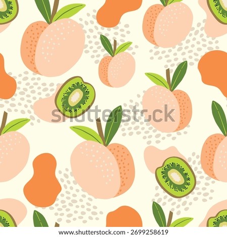 Seamless fruit pattern. Cute illustration-style background with textured peaches and kiwis. Summer repeating pattern, packaging design. Flat vector illustration.