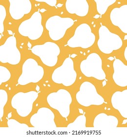 Seamless fruit pattern. cute white   pears and bone. Yellow  background. vector texture. fashionable print for textiles and wallpaper.