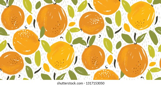 Seamless fruit pattern design with bright citrus oranges on white background hand drawn painterly style