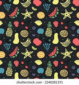 Seamless fruit pattern. doodle background with fruit icons. Fruit background