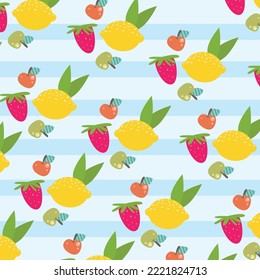 Seamless fruit pattern with doodle nenas apples and beautifully colored strauberri