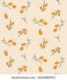 Seamless fruit pattern featuring hand-drawn orange branches and leaves in a modern, minimal style. Ideal for kitchen decor, food packaging, fabric prints, summer themes, and natural organic branding.