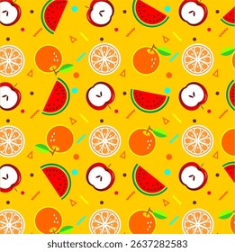 Seamless fruit pattern featuring illustrations of sliced watermelon, apples, oranges, and citrus fruits. Perfect for use in textiles, packaging, wallpaper, digital designs, or summer-themed projects.