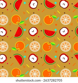 Seamless fruit pattern featuring illustrations of sliced watermelon, apples, oranges, and citrus fruits. Perfect for use in textiles, packaging, wallpaper, digital designs, or summer-themed projects.