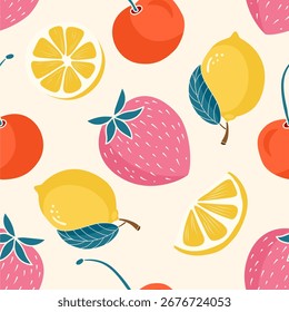 Padrão de frutas sem emenda com limão, morango e laranja. Design divertido e fresco ideal para embalagem, tecido infantil e decoração de verão.