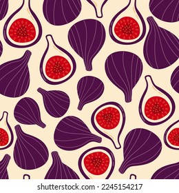 Seamless fruit pattern figs on a light yellow background, hand drawn ornament