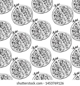 Seamless fruit pattern in the form of pomegranate halves, hand-drawn on paper, in the form of a black and white contour. Graphics.
