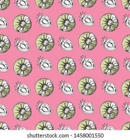 Seamless fruit pattern in the form of strawberry and kiwi halves, hand-drawn on paper, in the form of a black and white contour. Graphics.