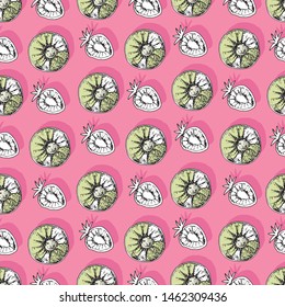 Seamless fruit pattern in the form of strawberry and kiwi halves, hand-drawn on paper, in the form of a black and white contour. Graphics.
