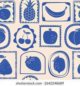 Seamless fruit pattern with hand drawn citrus and berries. Vintage tropical tile texture in blue tones.  Organic summer design for textile, wallpaper, wrapping paper, kitchen decor.