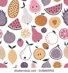 Seamless fruit pattern. Hand-drawn pear, apple, papaya, watermelon, fig, strawberry, peach. Cute vector illustration