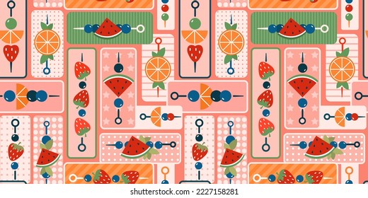 Nahtlose Fruchtmuster mit saftiger Wassermelone, Orangen, Stachelbeere. Canape Set für Vegetarier. Rosa Farbpalette. Drucken mit süßer Fruchtzusammensetzung mit Texturen. Ditsy-Schmuckkunst.