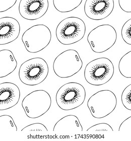 Seamless fruit pattern. Kiwi. Outline drawing of a kiwi with a black liner on a white background. Vector image. Print for textiles, notebook covers, menus, wrapping paper.