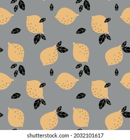 Seamless fruit pattern. Lemon fruits minimalistic scandinavian style background. Leaves, lemons. Vector illustration for kitchen textiles, print, cafe, menu. Gray and pale yellow colors.