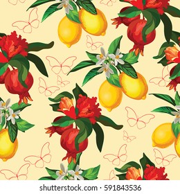 Seamless fruit pattern with lemon,butterfly and pomegranate. Template for package design.Vector illustration.Background texture.