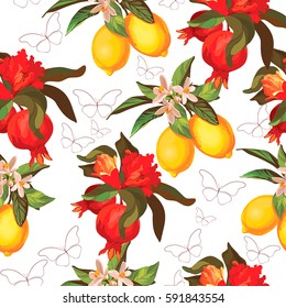 Seamless fruit pattern with lemon,butterfly and pomegranate. Template for package design.Vector illustration.Background texture.