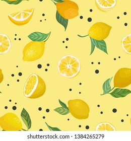 Patrón de fruta sin foco con limones, hojas, fondo de flores. Ilustración vectorial dibujada a mano en estilo acuarela