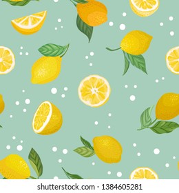 Seamless fruit pattern with lemons, leaves, flowers background. Hand drawn vector illustration in watercolor style