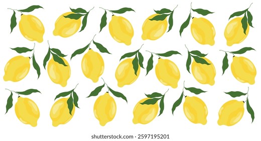 Seamless fruit pattern with lemons and leaves. Citrus tropical pattern Texture for design and printing on textiles, wallpaper, packaging paper, fabric.
Vector illustration.