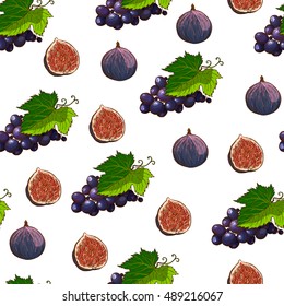 Seamless fruit pattern made of colorful hand drawn grapes and figs. Cute, ripe and tasty.