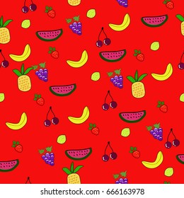 Seamless fruit pattern on a red background