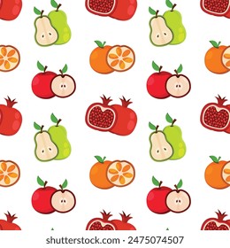 Seamless fruit pattern on a white background. Pear, apple, pomegranate, orange.