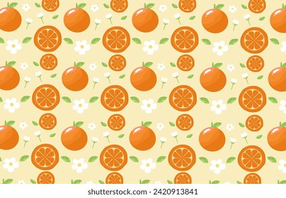 Patrón de fruta sin foco con naranja, flores, hojas, rodaja naranja. Fondo repetitivo con fruta de verano en amarillo. Uso para tela, envoltura de regalo, embalaje, papel de embalaje, pancartas, manteles