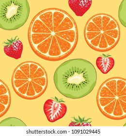 Seamless fruit pattern. Orange, kiwi, strawberry on yellow background. Vector bright illustration of food in flat style.