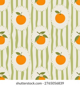 Seamless fruit pattern with oranges in whimsical hand drawn style. Trendy citrus fruit background with stripes and lace frames. Cute vector illustration for textile, print, wrapping paper and wallpaper