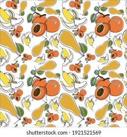 Nahtlose Fruchtmuster. Birne, Aprikose, Banane.   Hintergrund. Druck für Gewebe und gedruckte Produkte.