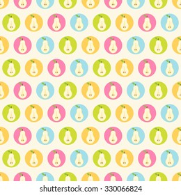 Seamless fruit pattern with pear in colorful circles. Vector illustration. For cards, invitations, wedding or baby shower albums, backgrounds, wallpapers, arts and scrapbooks.