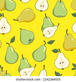 Seamless fruit pattern with pears and leaves on a yellow background. The background of the vector illustration.