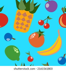 Seamless  fruit pattern with pineapple, cherries, orange, lime, blueberries, banana, plum and apple  on blue background. Suits as wallpaper, print, fabric or anything for colorful summer mood.