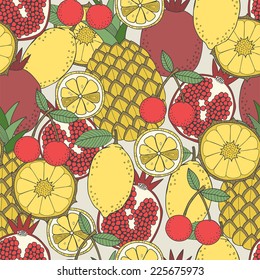 Seamless fruit pattern of pineapples, lemons, pomegranates, cherries