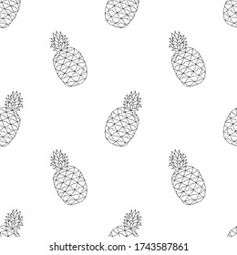 Seamless fruit pattern. Pineapples. Outline drawing of pineapples with a black liner on a white background. Vector image. Print for textiles, notebook covers, menus, wrapping paper.