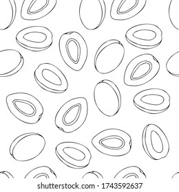 Seamless fruit pattern. Plum. Outline drawing of a plum with a black liner on a white background. Vector image. Print for textiles, notebook covers, menus, wrapping paper.