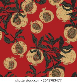 Seamless fruit pattern with pomegranates and leaves. Vintage style, hand drawn, inspired by Mediterranean nature, illustration with sketch elements