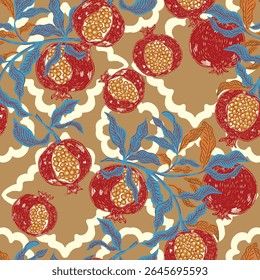 Seamless fruit pattern with pomegranates and leaves. Vintage style, hand drawn, inspired by Mediterranean nature, illustration with sketch elements