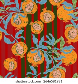 Seamless fruit pattern with pomegranates and leaves. Vintage style, hand drawn, inspired by Mediterranean nature, illustration with sketch elements