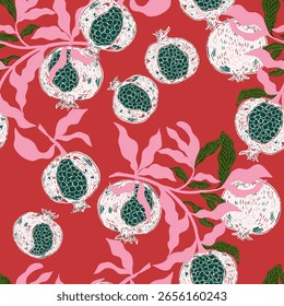 Seamless fruit pattern with pomegranates and leaves. Vintage style, hand drawn, inspired by Mediterranean nature, illustration with sketch elements